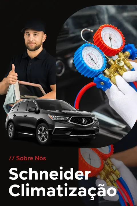 Técnico da Schneider Climatização com manômetros de ar condicionado e carro ao fundo